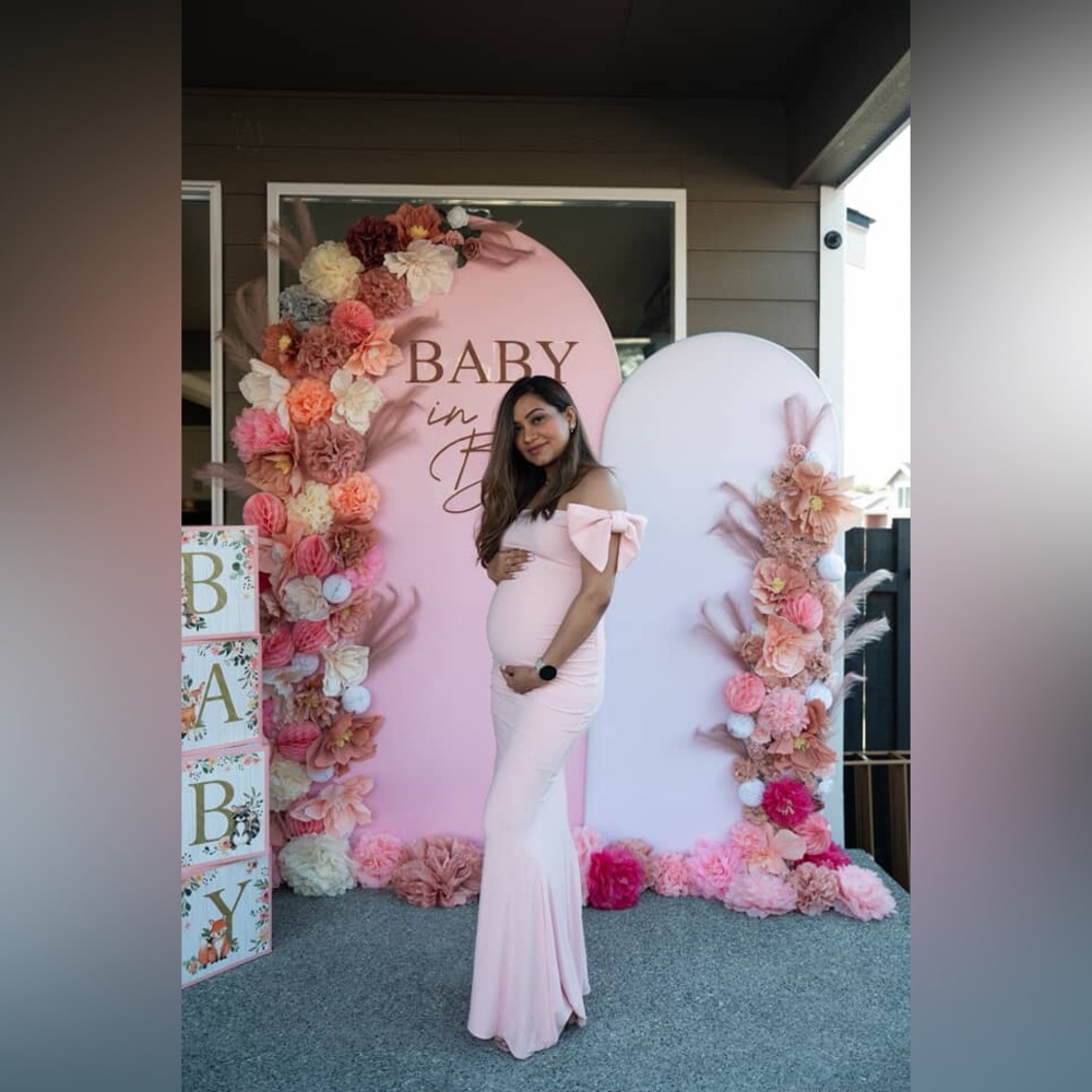 Club L London Bardot Bow Pink Off-Shoulder Maternity Gown